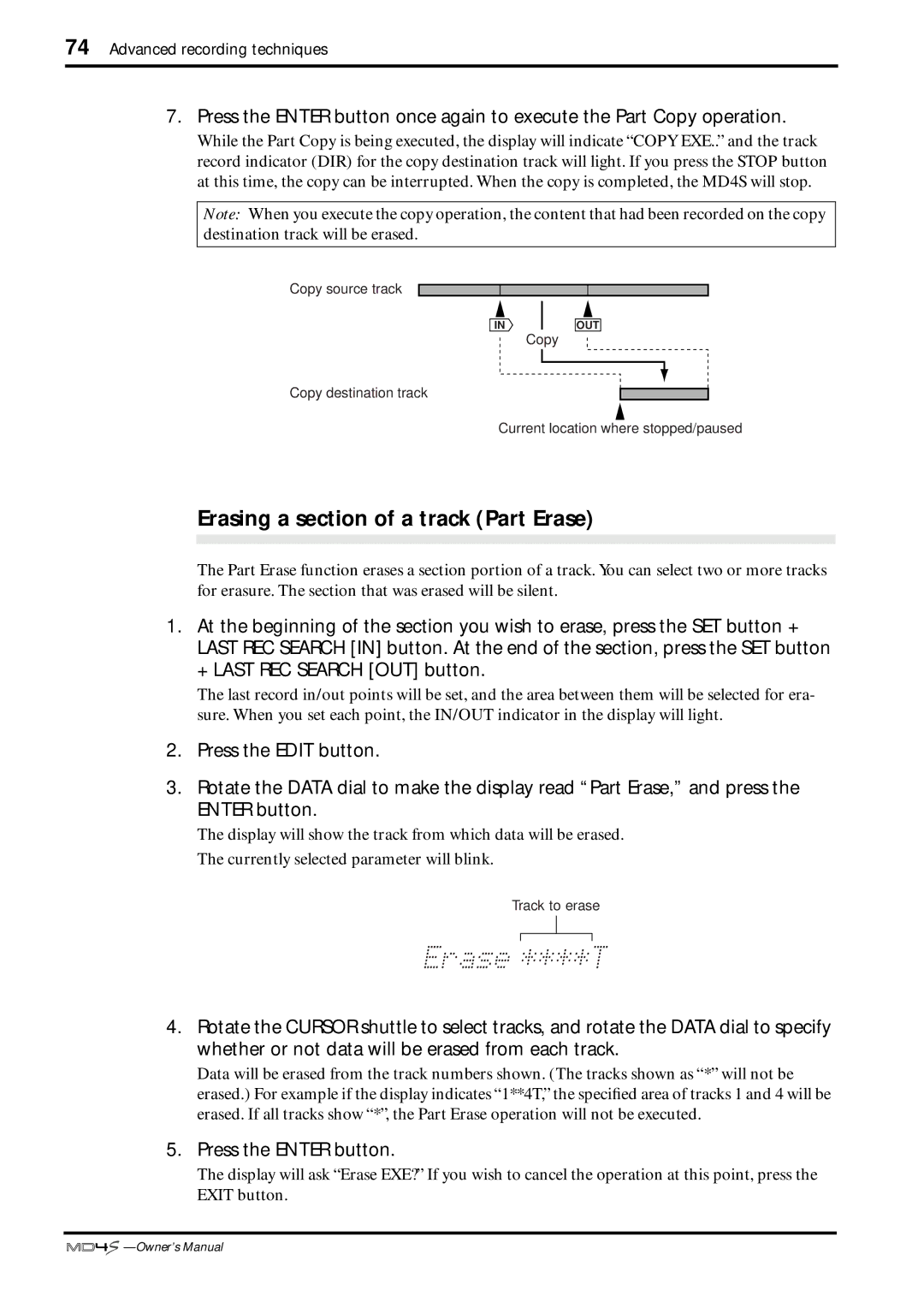 Yamaha MD4S owner manual Erasing a section of a track Part Erase, Press the Enter button 