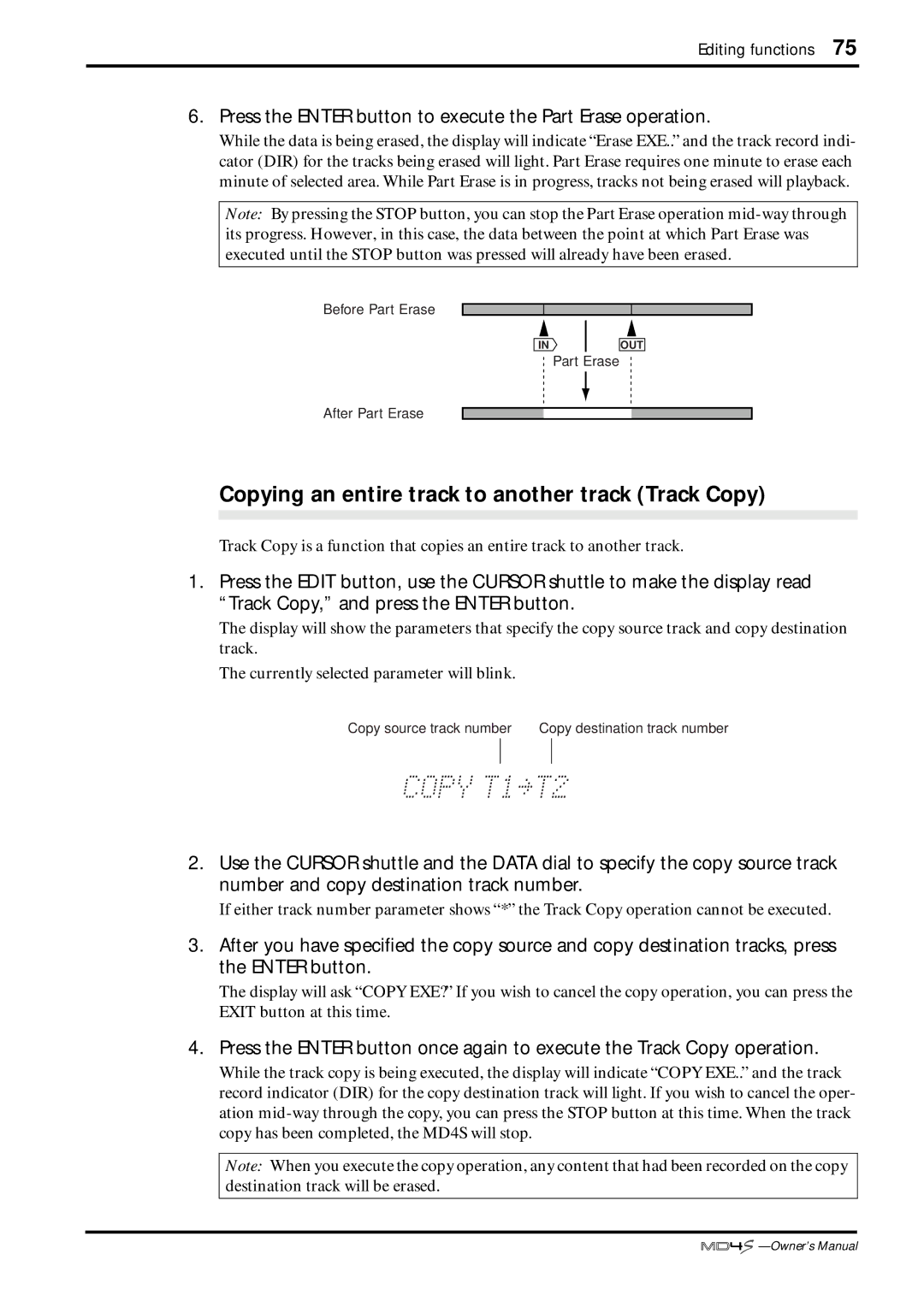 Yamaha MD4S owner manual Copying an entire track to another track Track Copy 