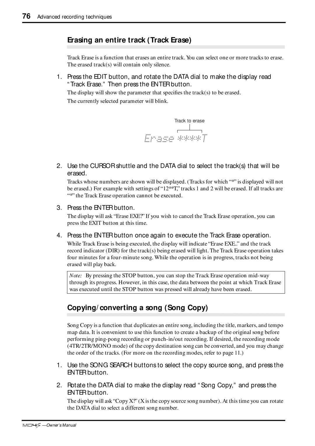 Yamaha MD4S owner manual Erasing an entire track Track Erase, Copying/converting a song Song Copy 