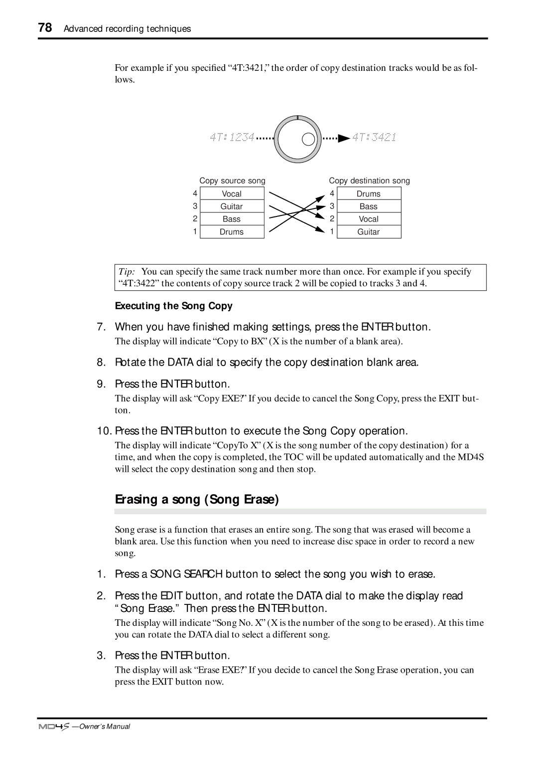 Yamaha MD4S owner manual Erasing a song Song Erase, Press the Enter button to execute the Song Copy operation 