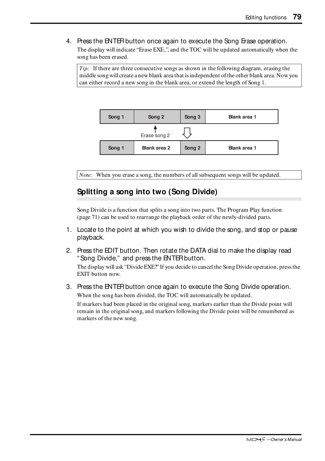 Yamaha MD4S owner manual Splitting a song into two Song Divide 