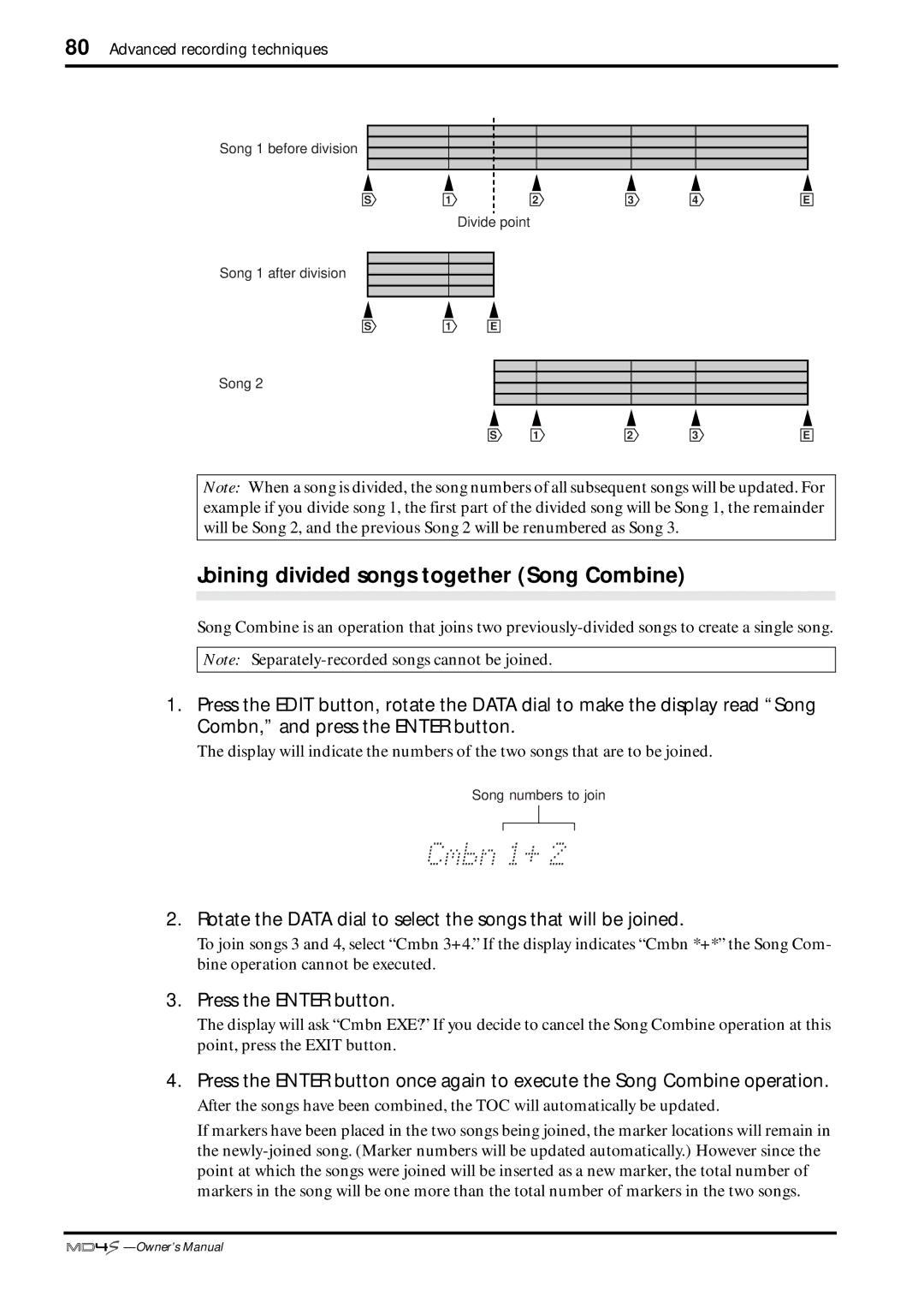 Yamaha MD4S Joining divided songs together Song Combine, Rotate the Data dial to select the songs that will be joined 