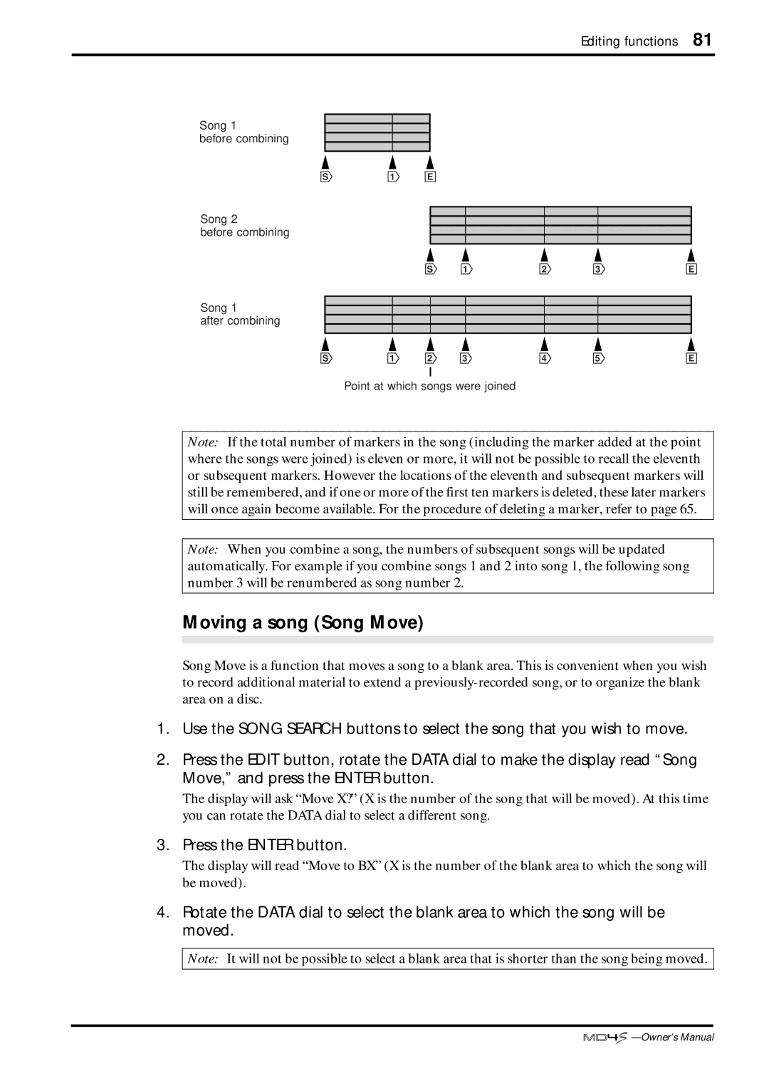 Yamaha MD4S owner manual Moving a song Song Move 