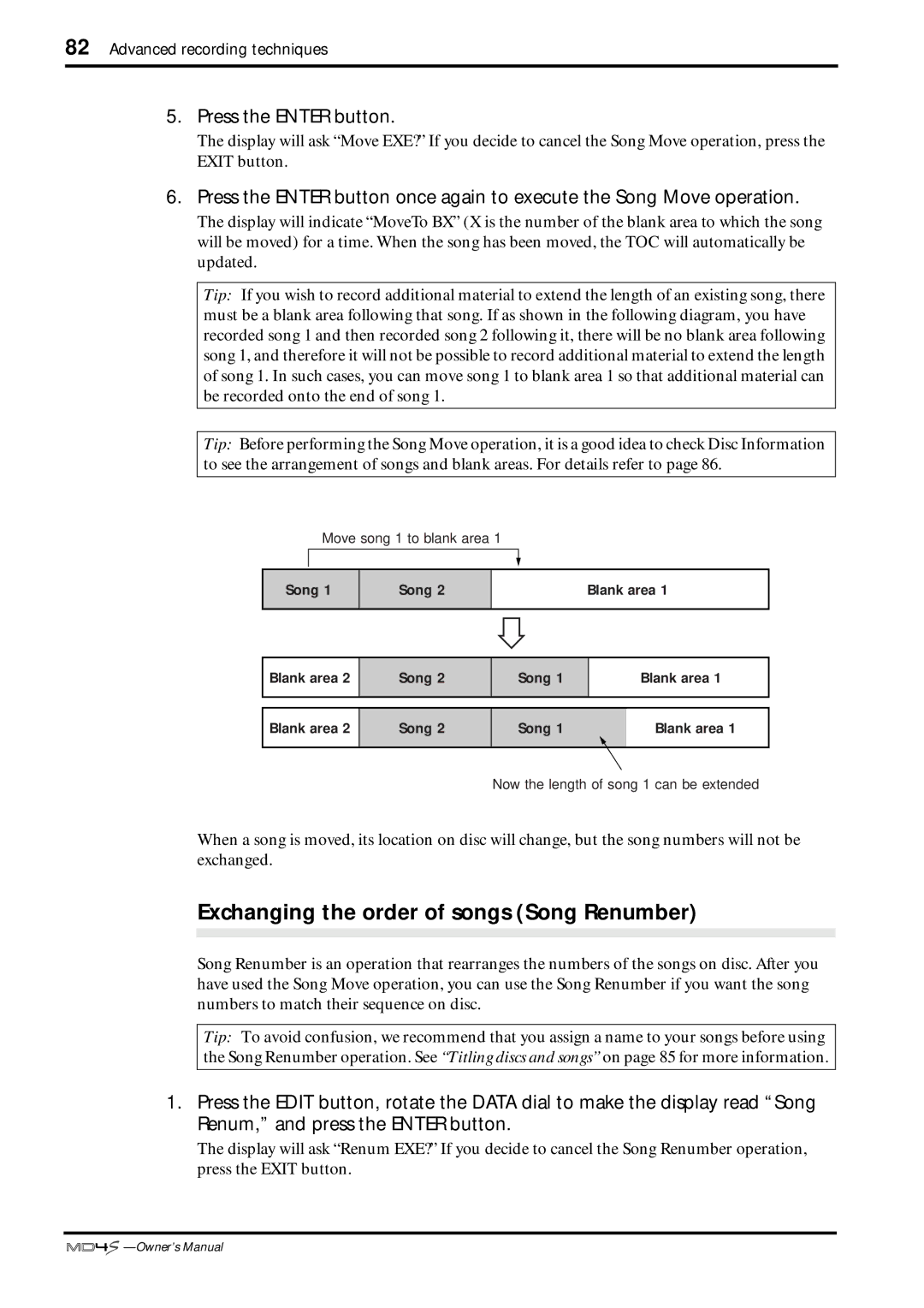 Yamaha MD4S owner manual Exchanging the order of songs Song Renumber 