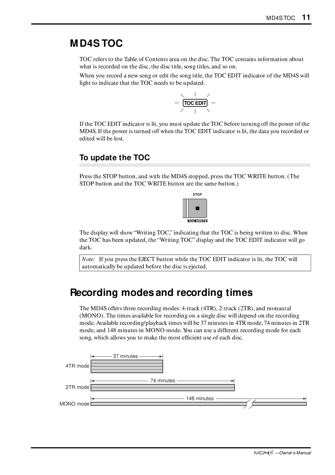 Yamaha MD4S owner manual Recording modes and recording times, To update the TOC 