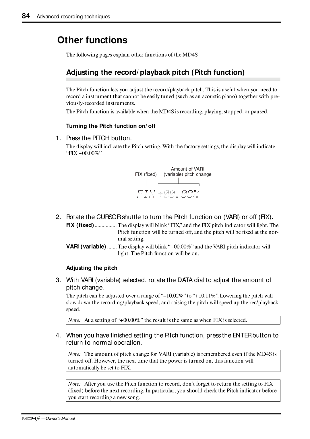 Yamaha MD4S owner manual Other functions, Adjusting the record/playback pitch Pitch function, Press the Pitch button 