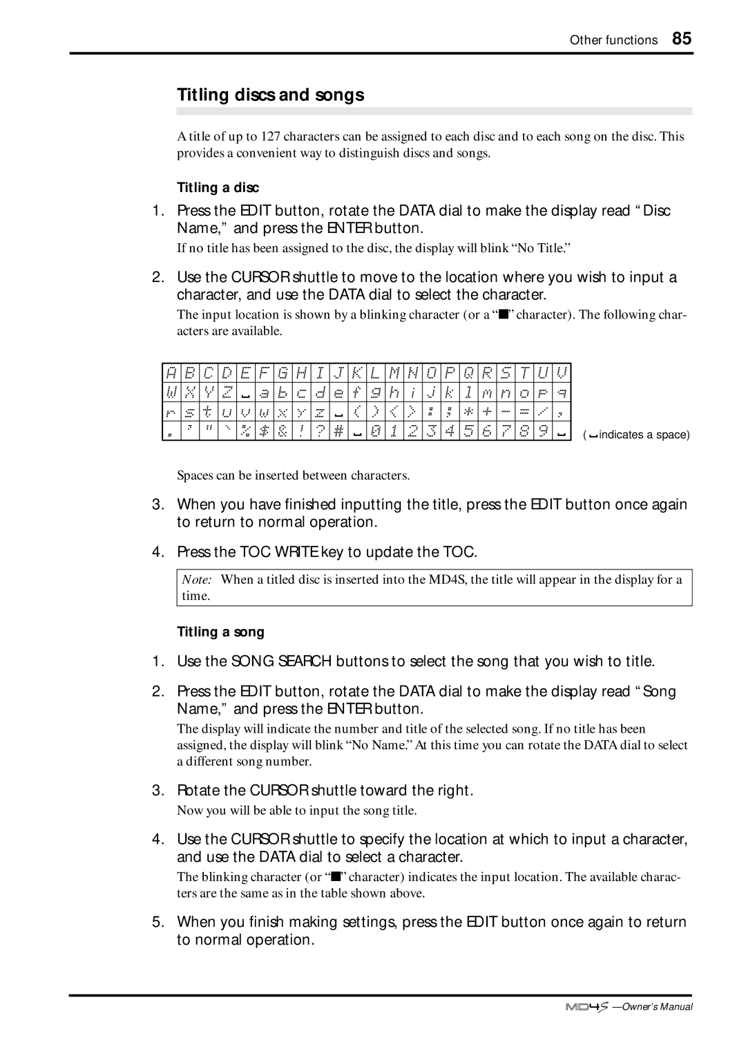 Yamaha MD4S owner manual Titling discs and songs, Rotate the Cursor shuttle toward the right 