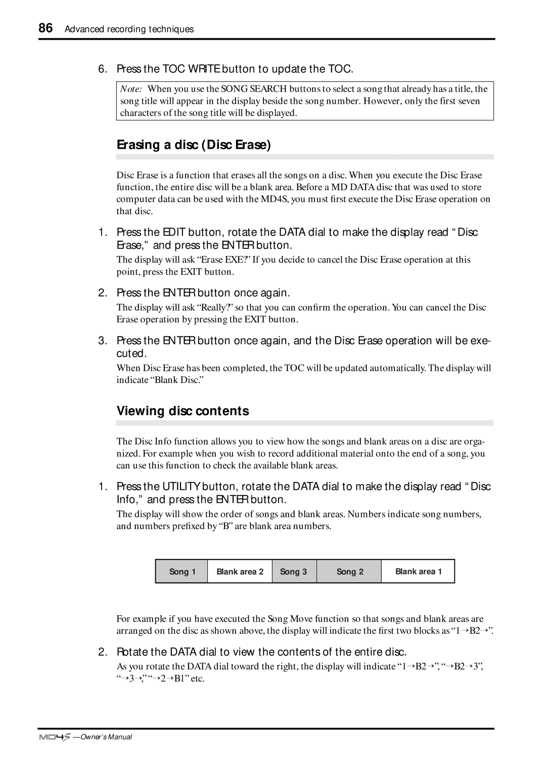 Yamaha MD4S owner manual Erasing a disc Disc Erase, Viewing disc contents 