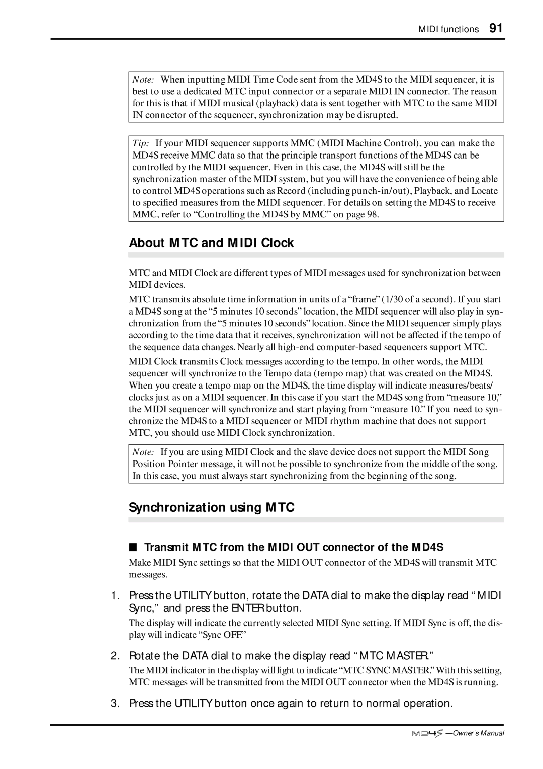 Yamaha About MTC and Midi Clock, Synchronization using MTC, Transmit MTC from the Midi OUT connector of the MD4S 