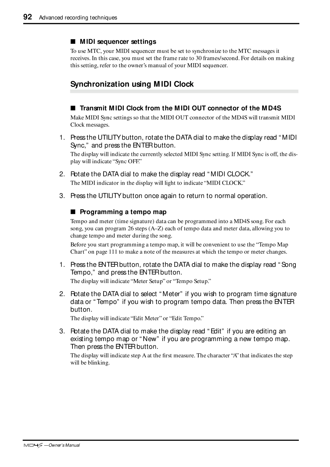 Yamaha MD4S owner manual Synchronization using Midi Clock, Midi sequencer settings, Programming a tempo map 