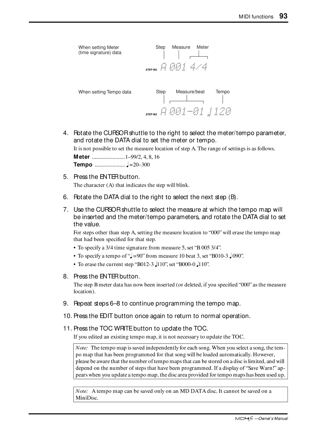 Yamaha MD4S owner manual Character a that indicates the step will blink 