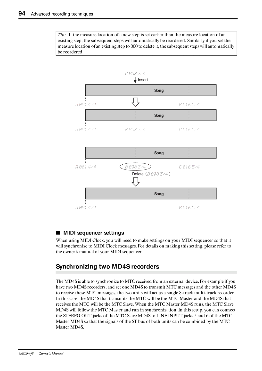 Yamaha owner manual Synchronizing two MD4S recorders 