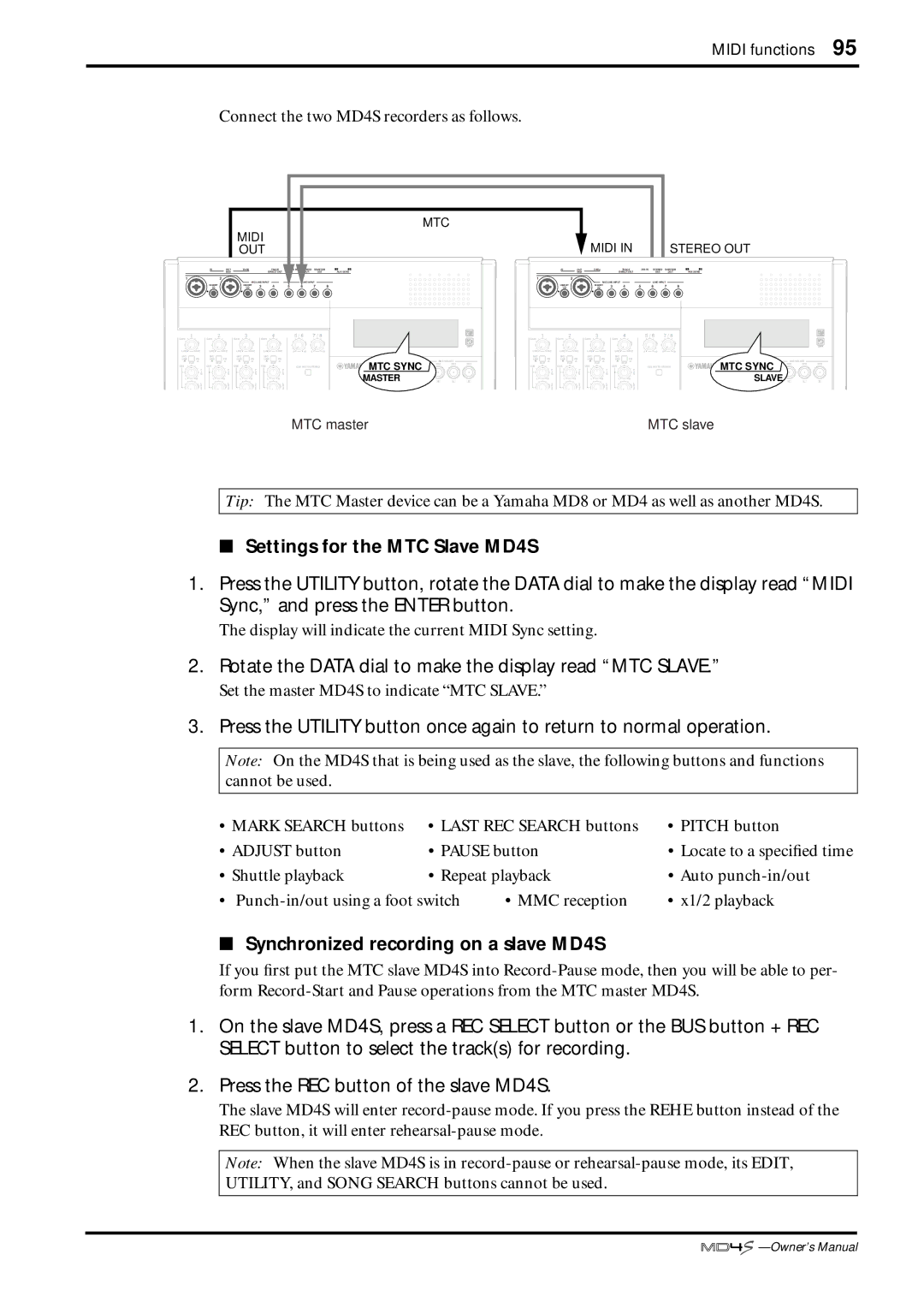 Yamaha owner manual Settings for the MTC Slave MD4S, Rotate the Data dial to make the display read MTC Slave 