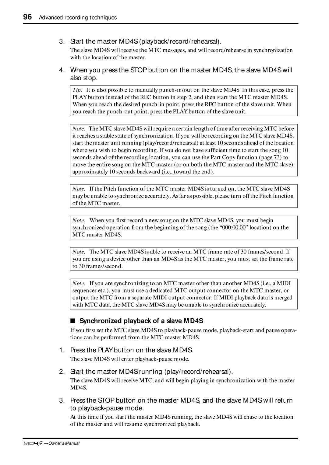 Yamaha owner manual Start the master MD4S playback/record/rehearsal, Synchronized playback of a slave MD4S 