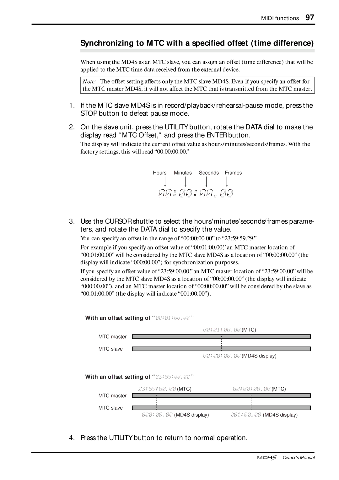 Yamaha MD4S owner manual Synchronizing to MTC with a speciﬁed offset time difference 