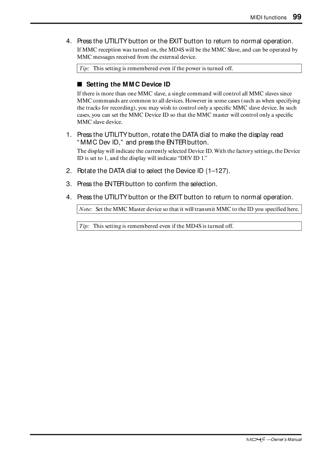 Yamaha MD4S owner manual Setting the MMC Device ID 