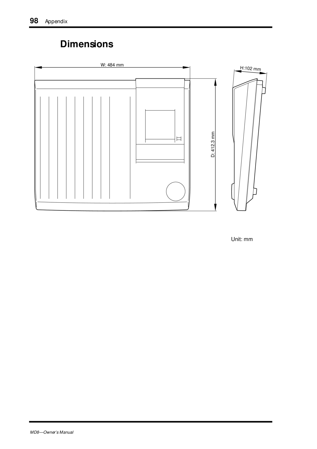 Yamaha MD8 owner manual Dimensions 