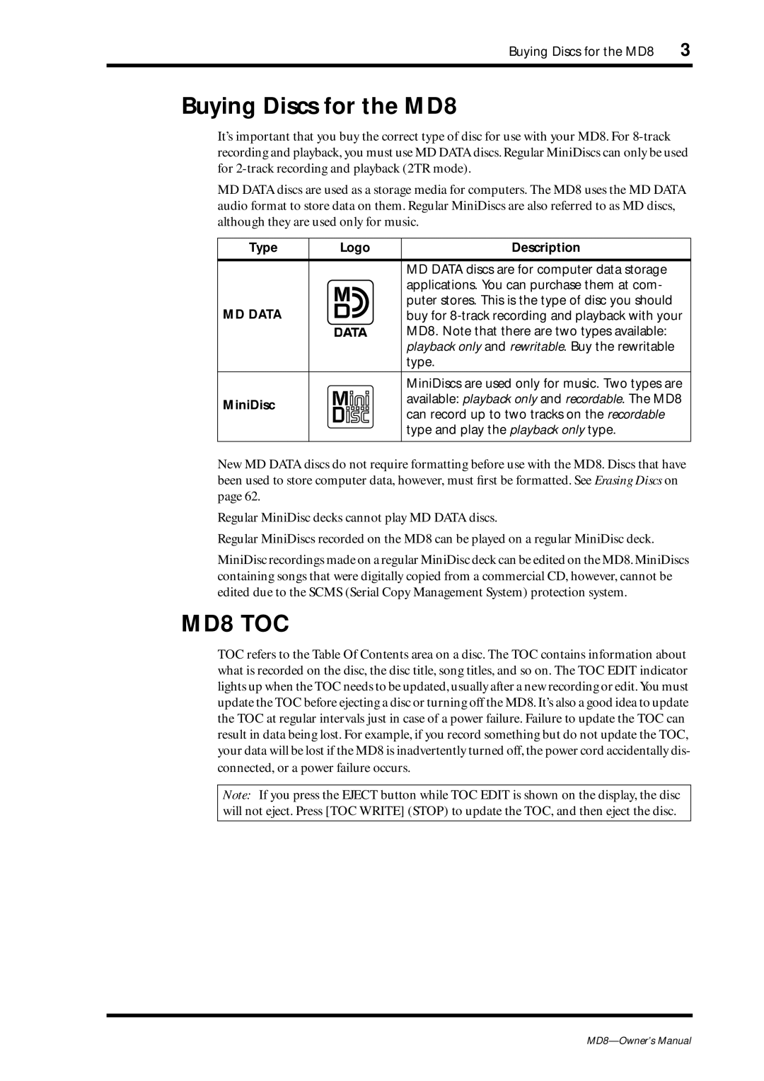 Yamaha owner manual Buying Discs for the MD8, Type Logo Description, MiniDisc 