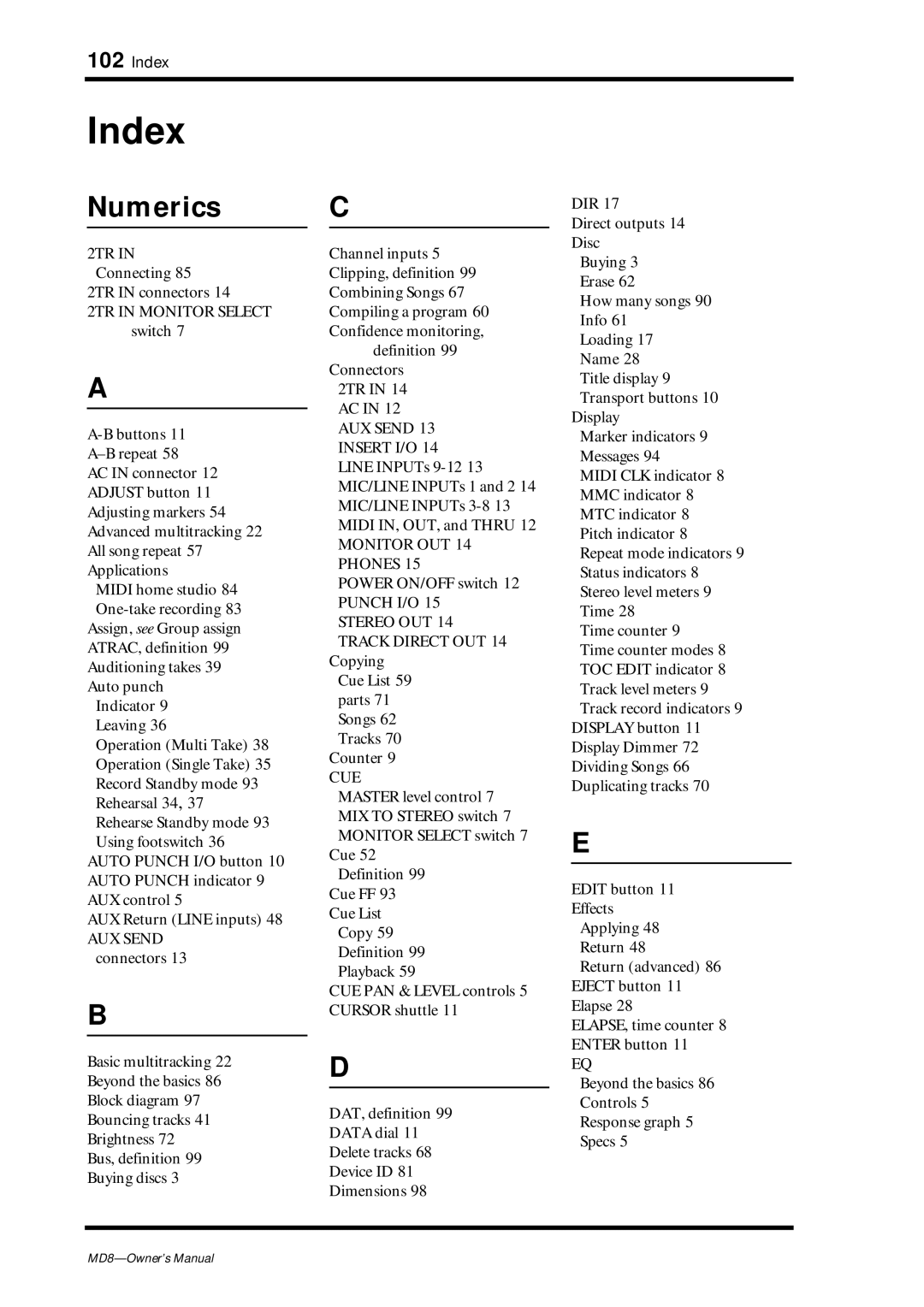 Yamaha MD8 owner manual Index, Numerics 