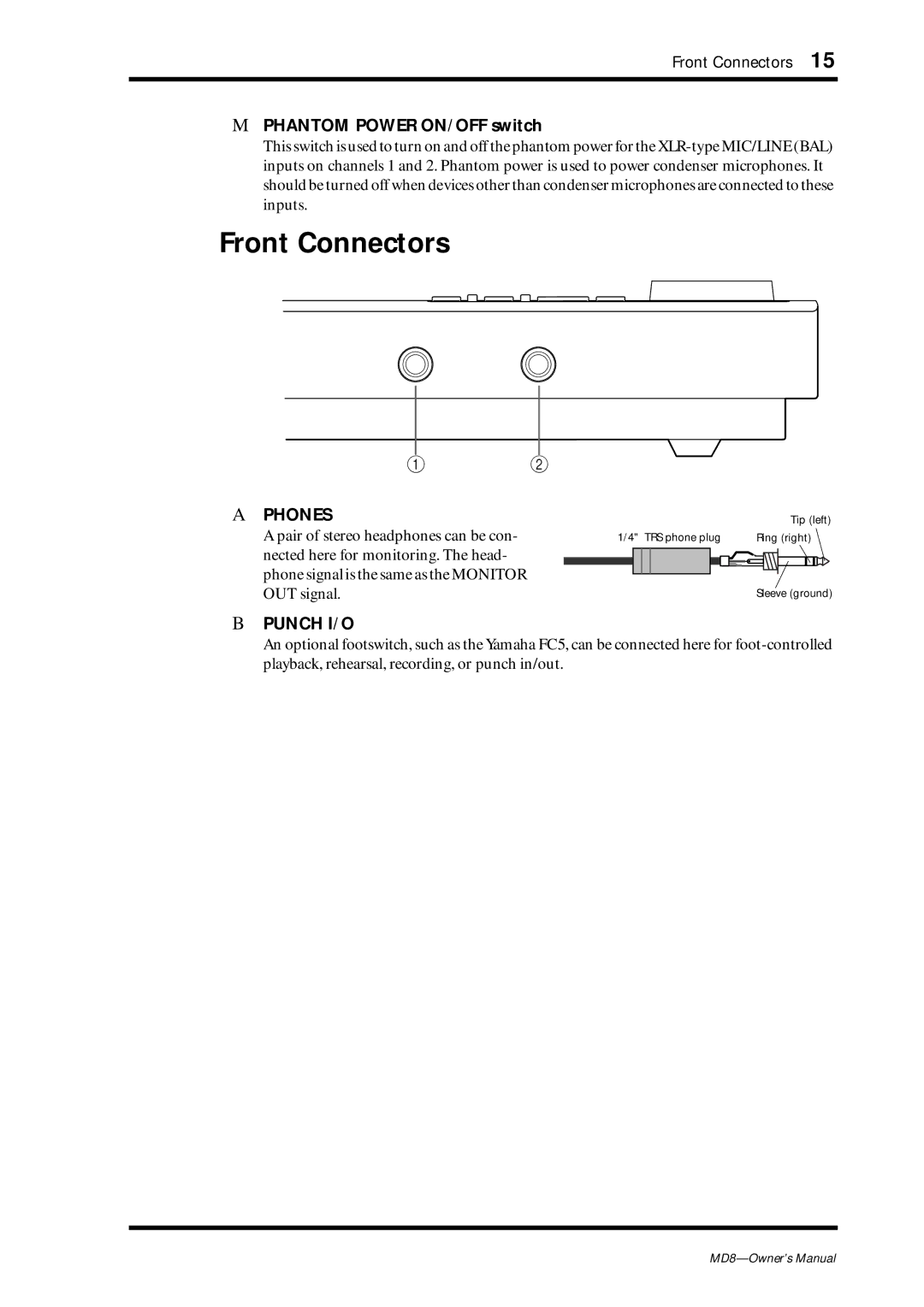 Yamaha MD8 owner manual Front Connectors, Phantom Power ON/OFF switch 