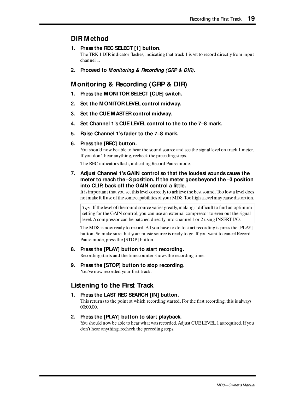 Yamaha MD8 owner manual DIR Method, Monitoring & Recording GRP & DIR, Listening to the First Track 