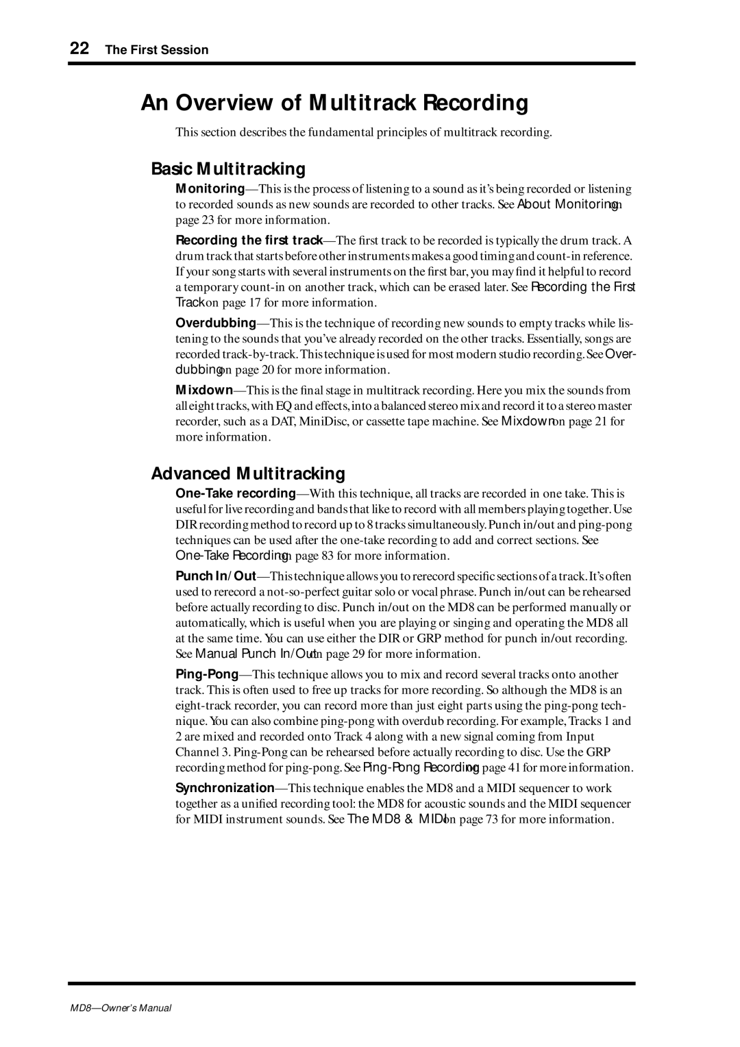 Yamaha MD8 owner manual An Overview of Multitrack Recording, Basic Multitracking, Advanced Multitracking 