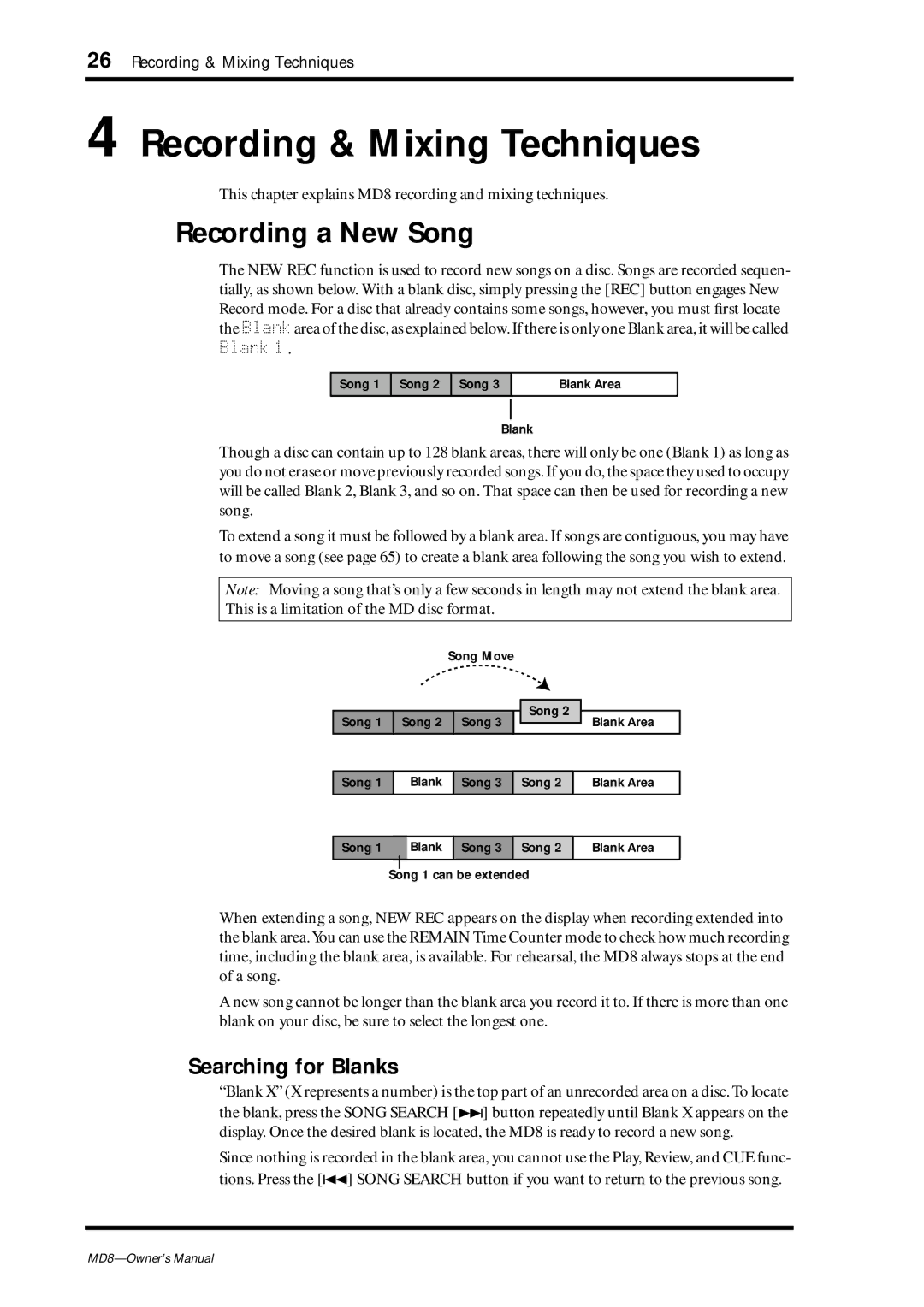 Yamaha MD8 owner manual Recording & Mixing Techniques, Recording a New Song, Searching for Blanks 