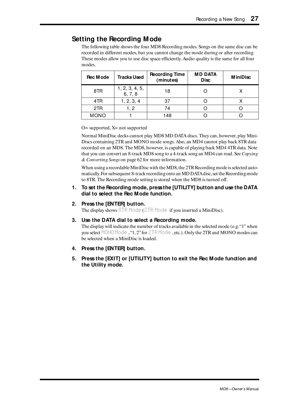 Yamaha MD8 Setting the Recording Mode, Use the Data dial to select a Recording mode, Rec Mode Tracks Used Recording Time 