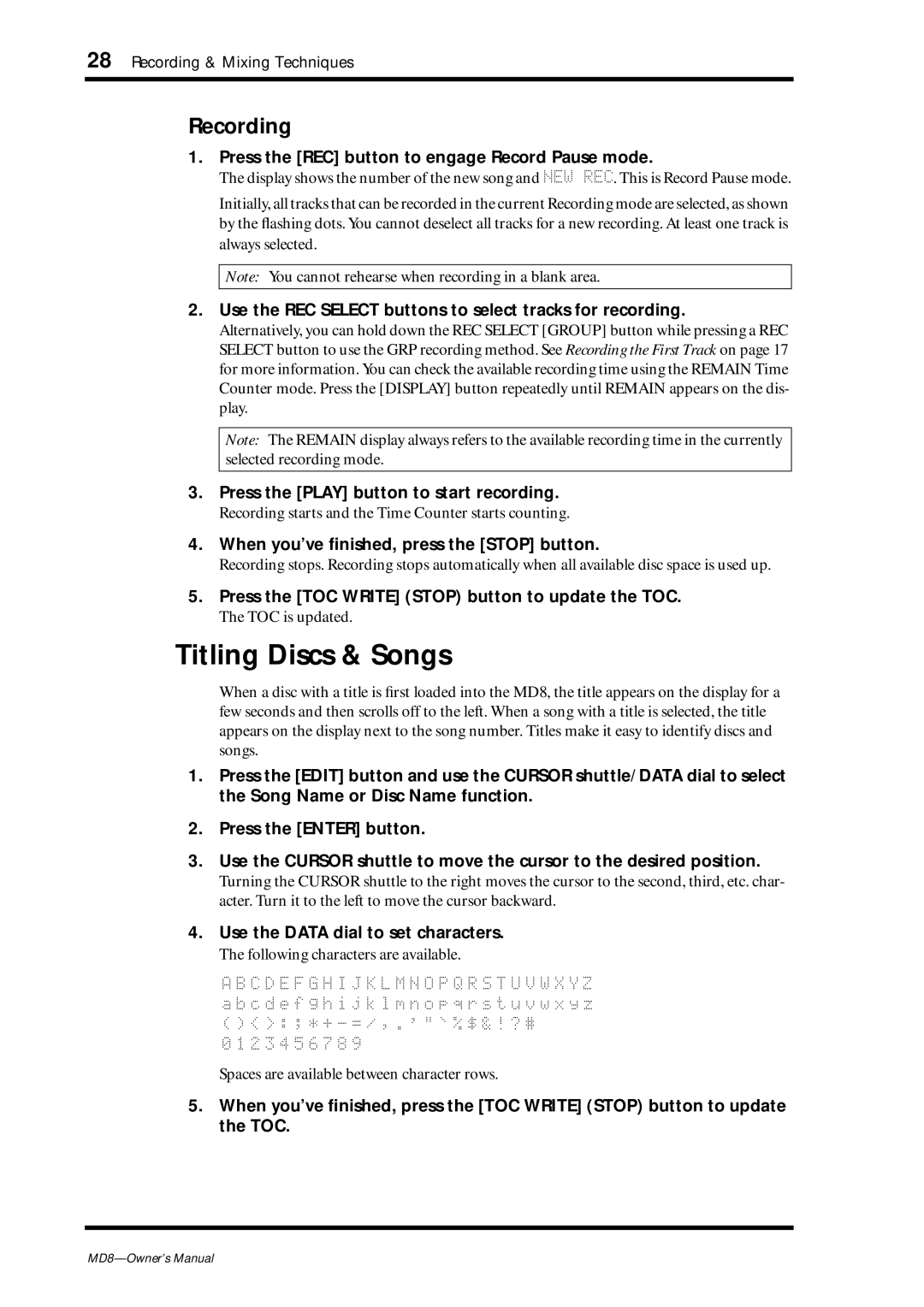 Yamaha MD8 owner manual Titling Discs & Songs, Recording 