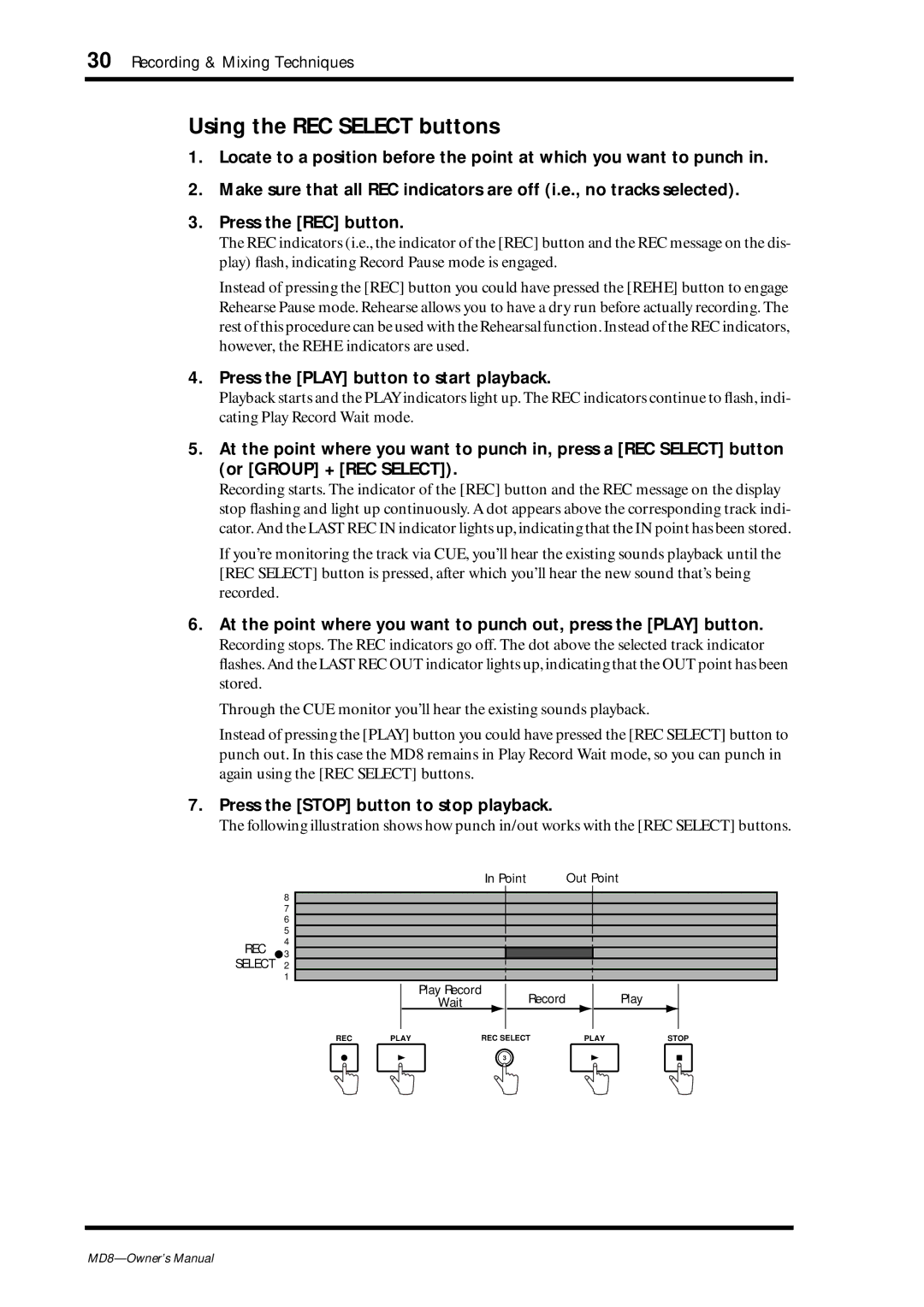 Yamaha MD8 owner manual Using the REC Select buttons 