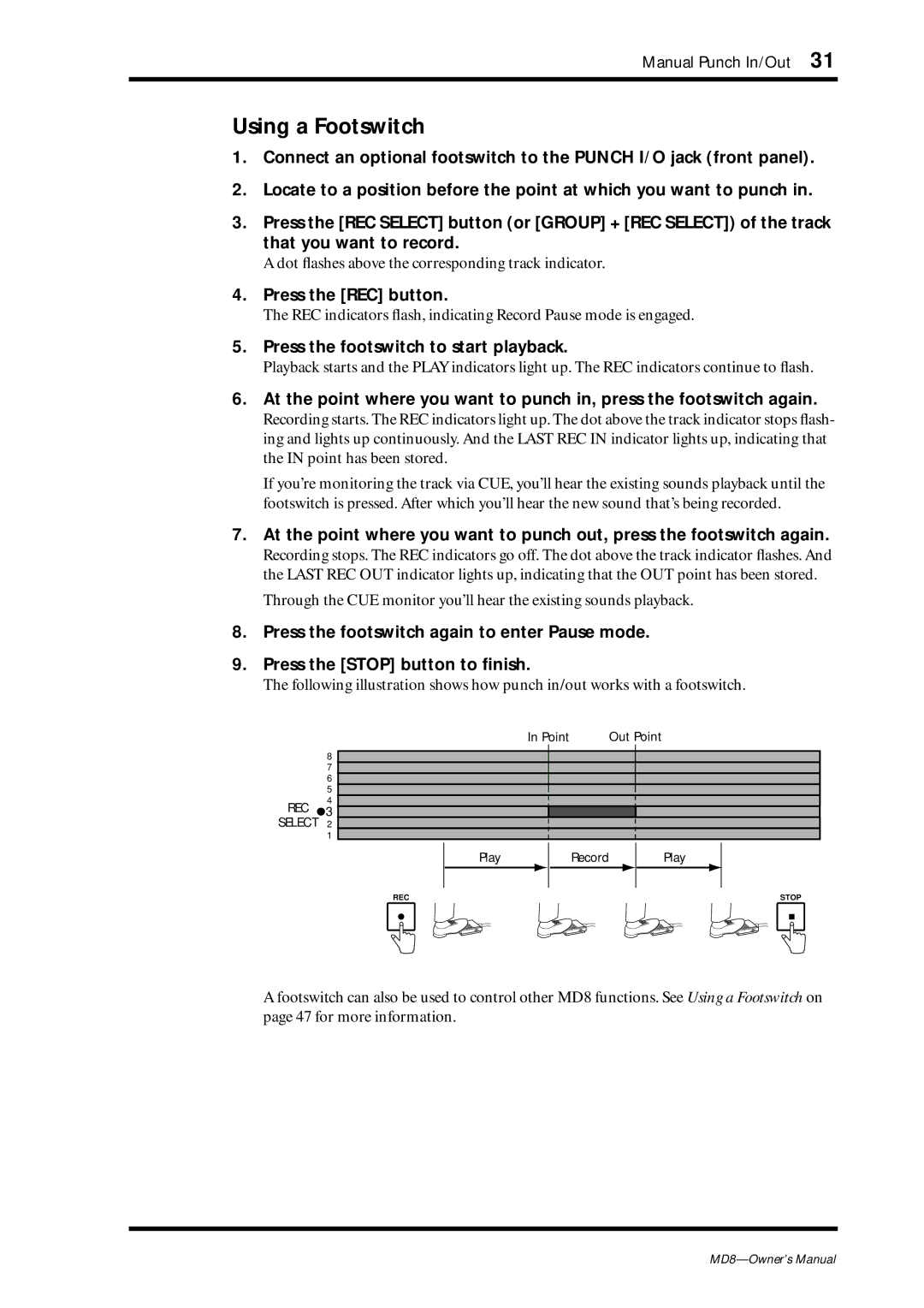 Yamaha MD8 owner manual Using a Footswitch, Press the footswitch to start playback 