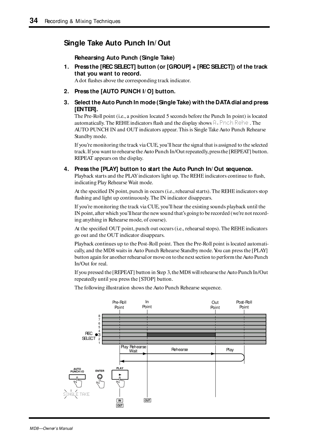 Yamaha MD8 owner manual Single Take Auto Punch In/Out 