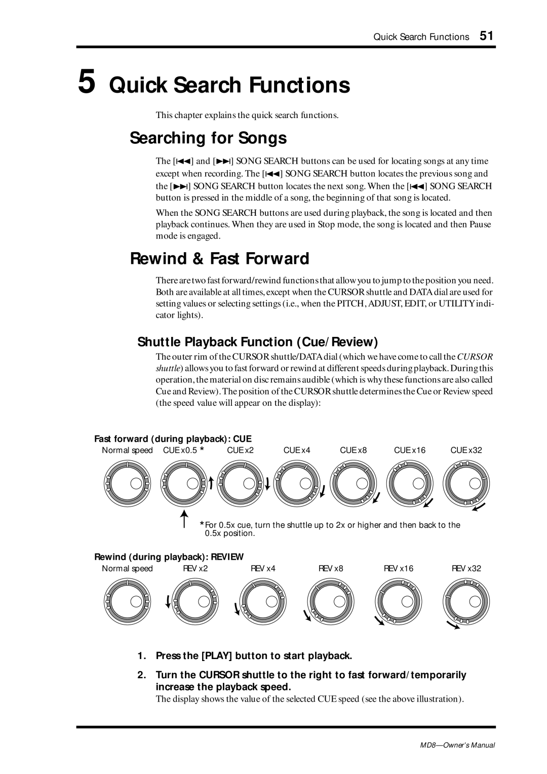 Yamaha MD8 Quick Search Functions, Searching for Songs, Rewind & Fast Forward, Shuttle Playback Function Cue/Review 