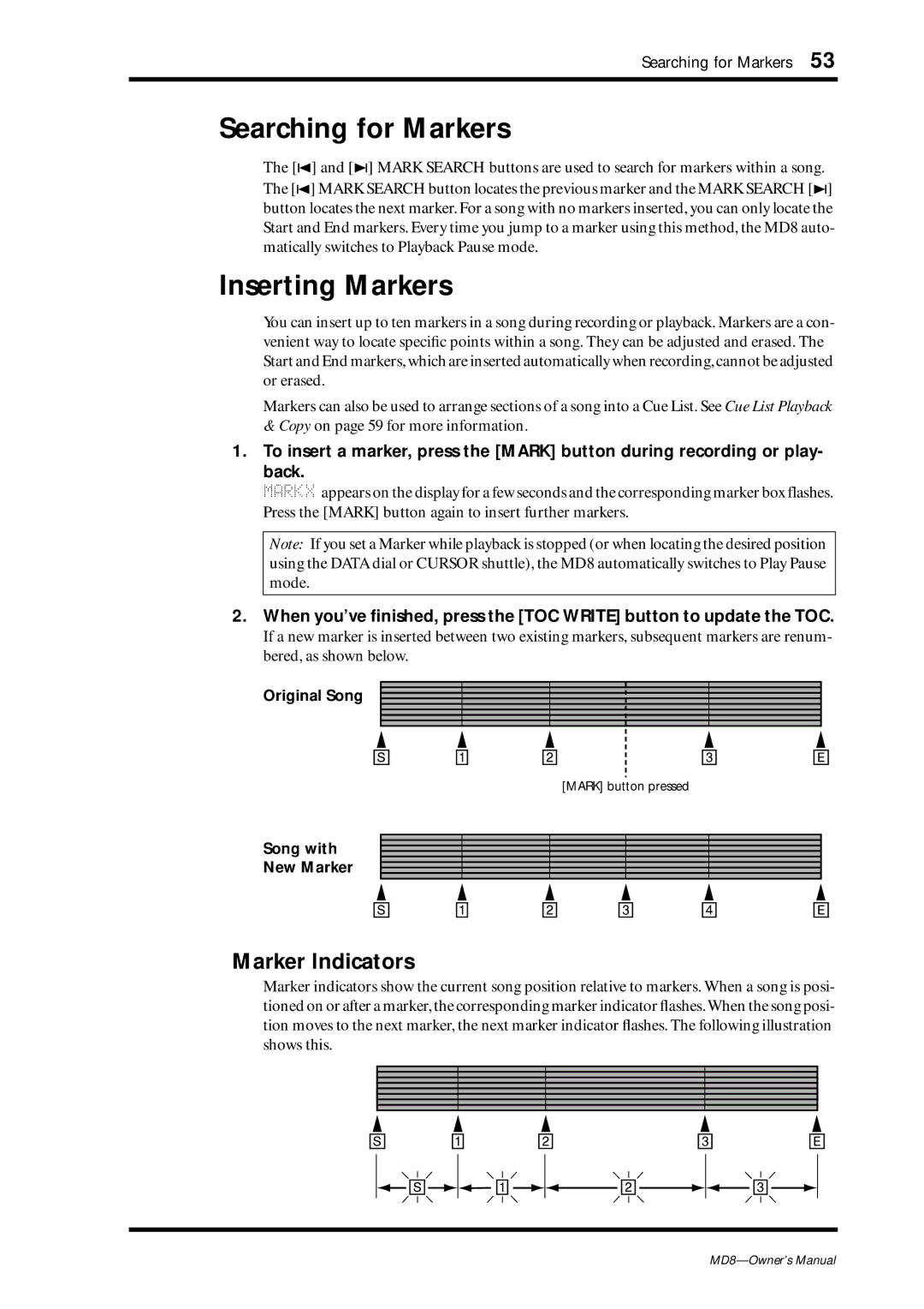 Yamaha MD8 owner manual Searching for Markers, Inserting Markers, Marker Indicators, Original Song, Song with New Marker 