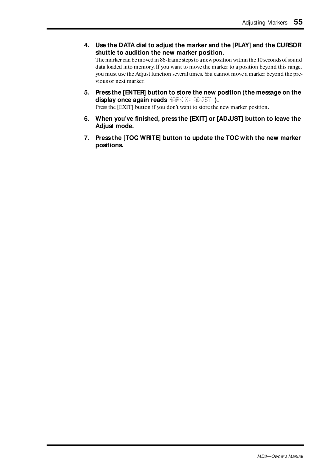 Yamaha MD8 owner manual Adjusting Markers 