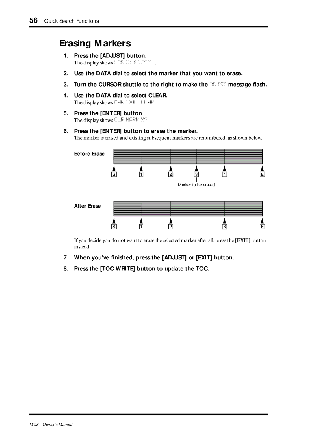 Yamaha MD8 owner manual Erasing Markers, Press the Enter button to erase the marker, Before Erase, After Erase 