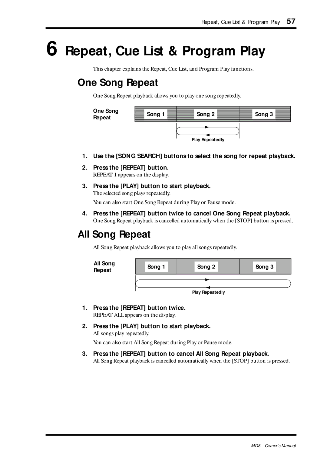 Yamaha MD8 owner manual Repeat, Cue List & Program Play, One Song Repeat, All Song Repeat, Press the Repeat button twice 