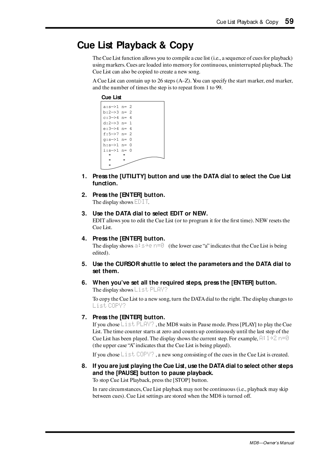 Yamaha MD8 owner manual Cue List Playback & Copy, Use the Data dial to select Edit or NEW 