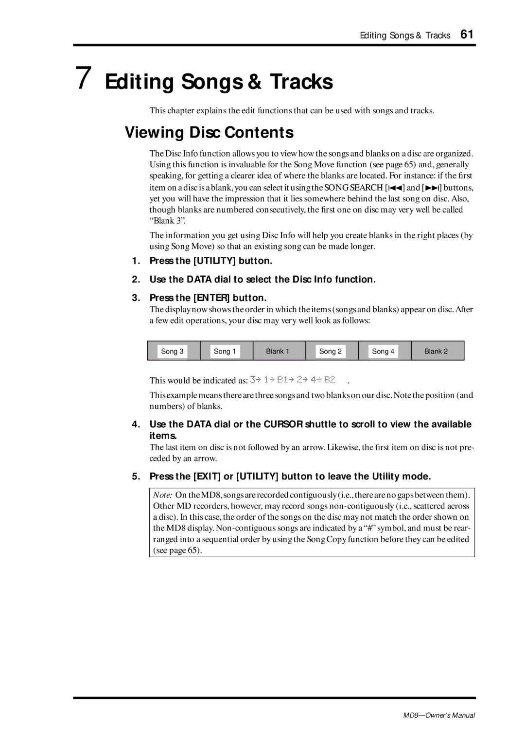 Yamaha MD8 owner manual Editing Songs & Tracks, Viewing Disc Contents 