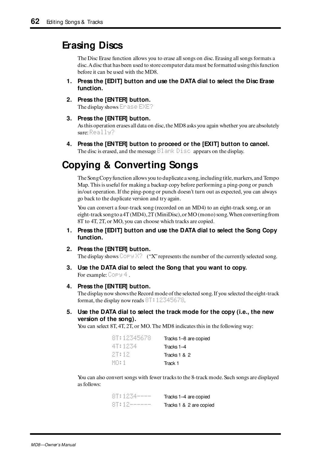 Yamaha MD8 Erasing Discs, Copying & Converting Songs, Use the Data dial to select the Song that you want to copy 