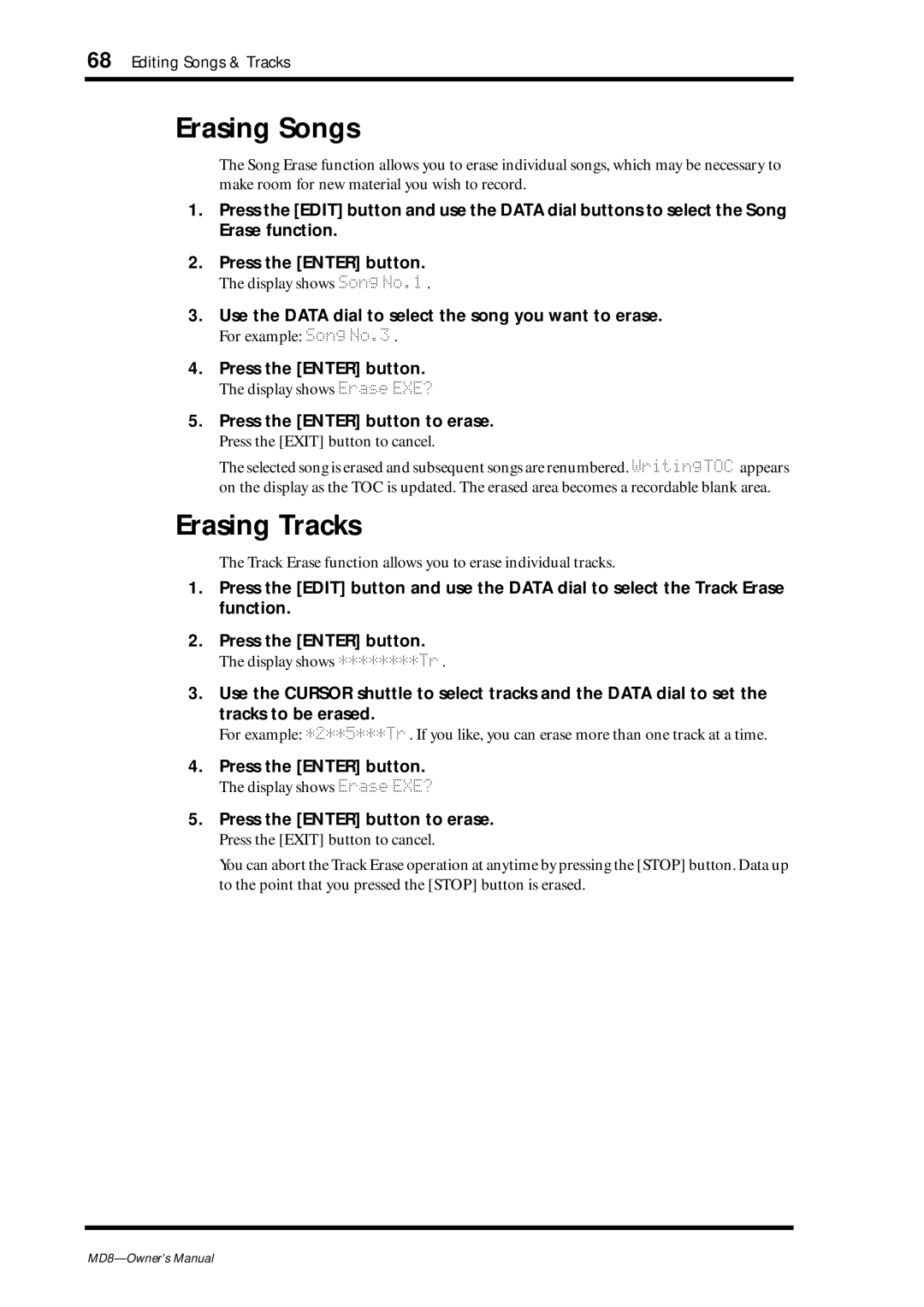 Yamaha MD8 owner manual Erasing Songs, Erasing Tracks, Use the Data dial to select the song you want to erase 