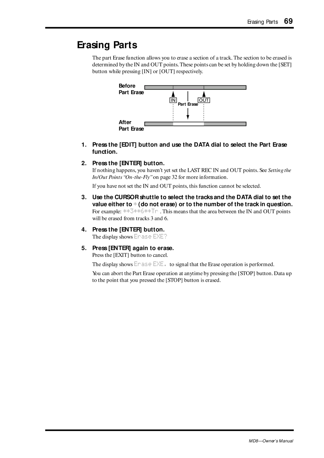 Yamaha MD8 owner manual Erasing Parts, Press Enter again to erase, Before Part Erase, After Part Erase 