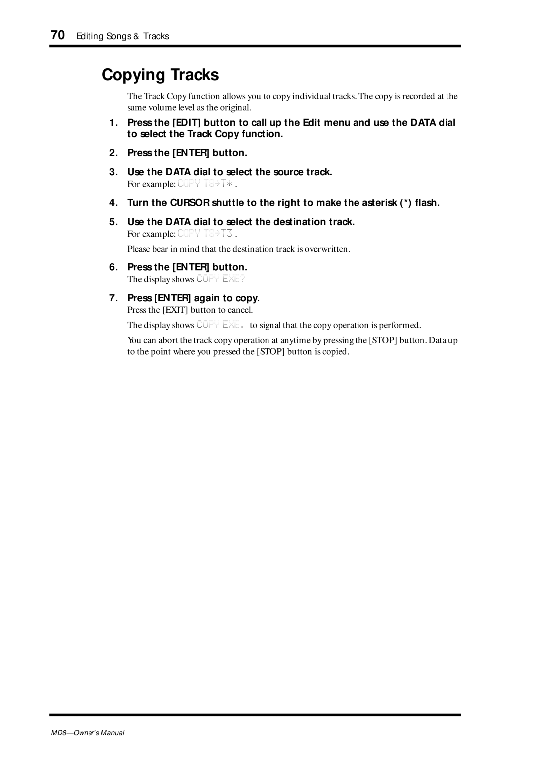 Yamaha MD8 owner manual Copying Tracks, Press Enter again to copy 