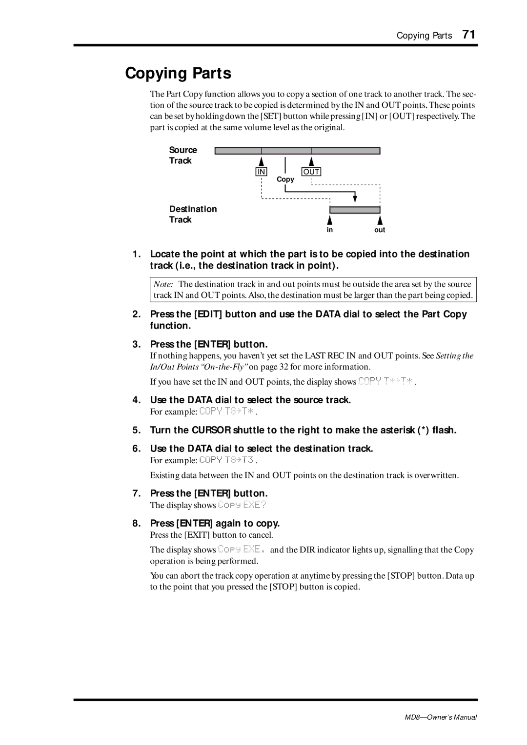 Yamaha MD8 owner manual Copying Parts, Source Track 