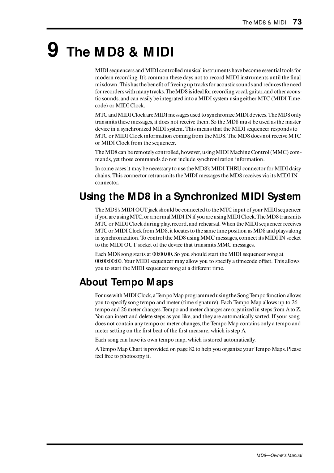 Yamaha owner manual MD8 & Midi, Using the MD8 in a Synchronized Midi System, About Tempo Maps 