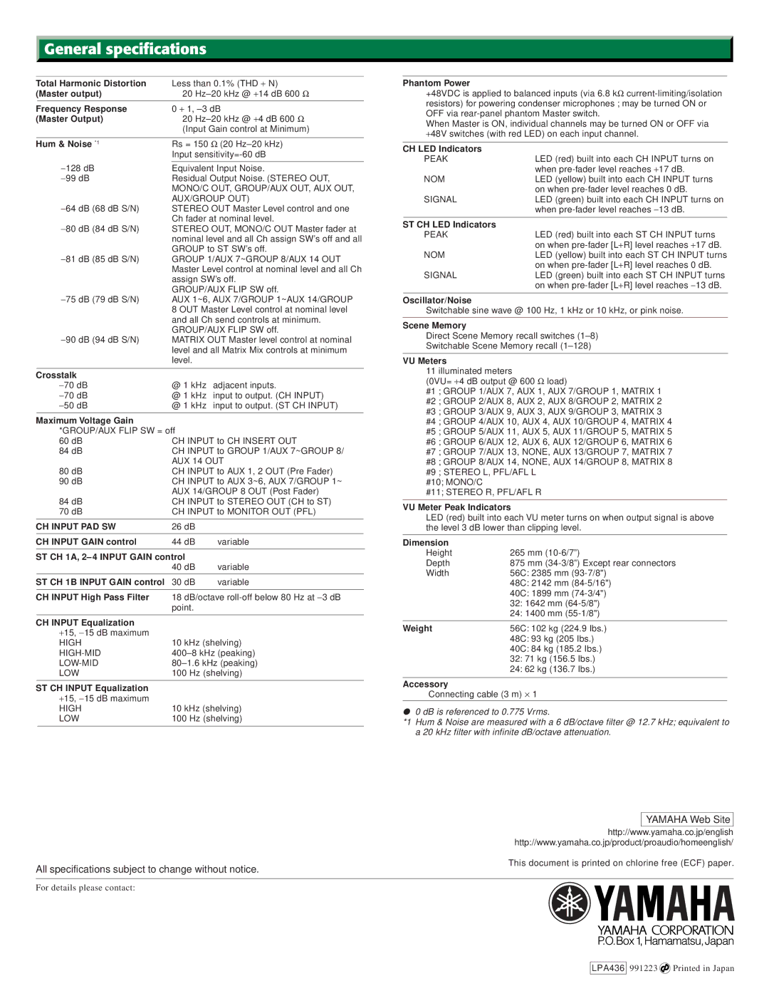 Yamaha mixing consoles manual General specifications 