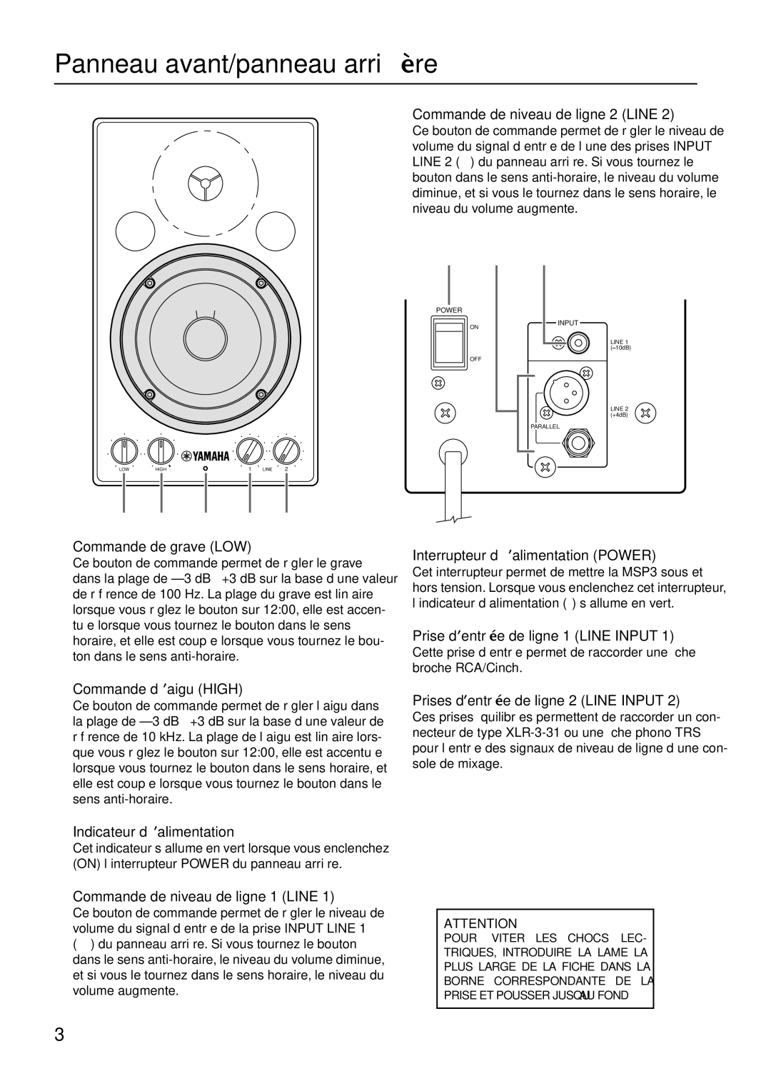 Yamaha MSP3 owner manual Panneau avant/panneau arrière 