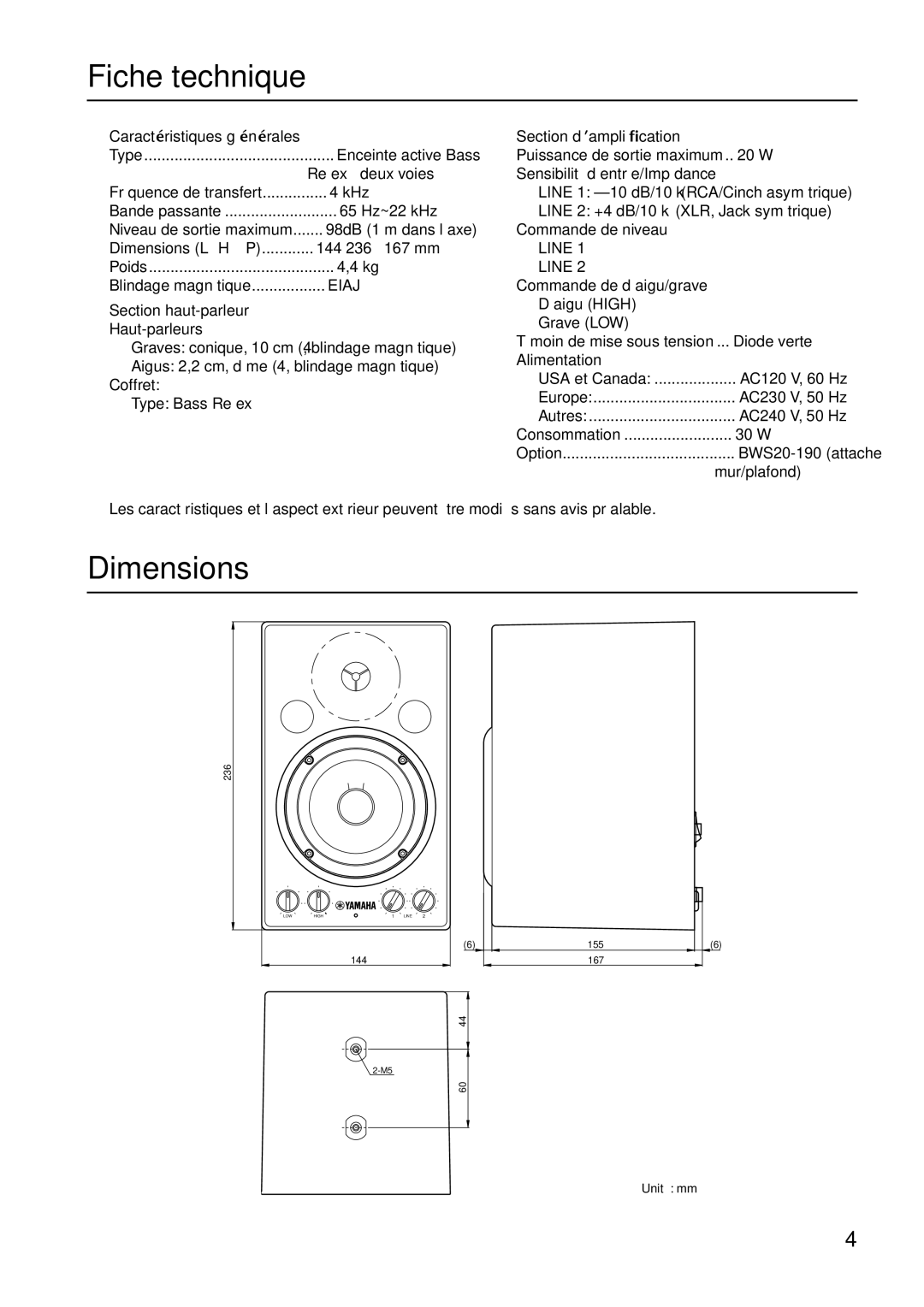 Yamaha MSP3 owner manual Fiche technique, Caractéristiques générales, Section haut-parleur, Section d’ampliﬁcation 