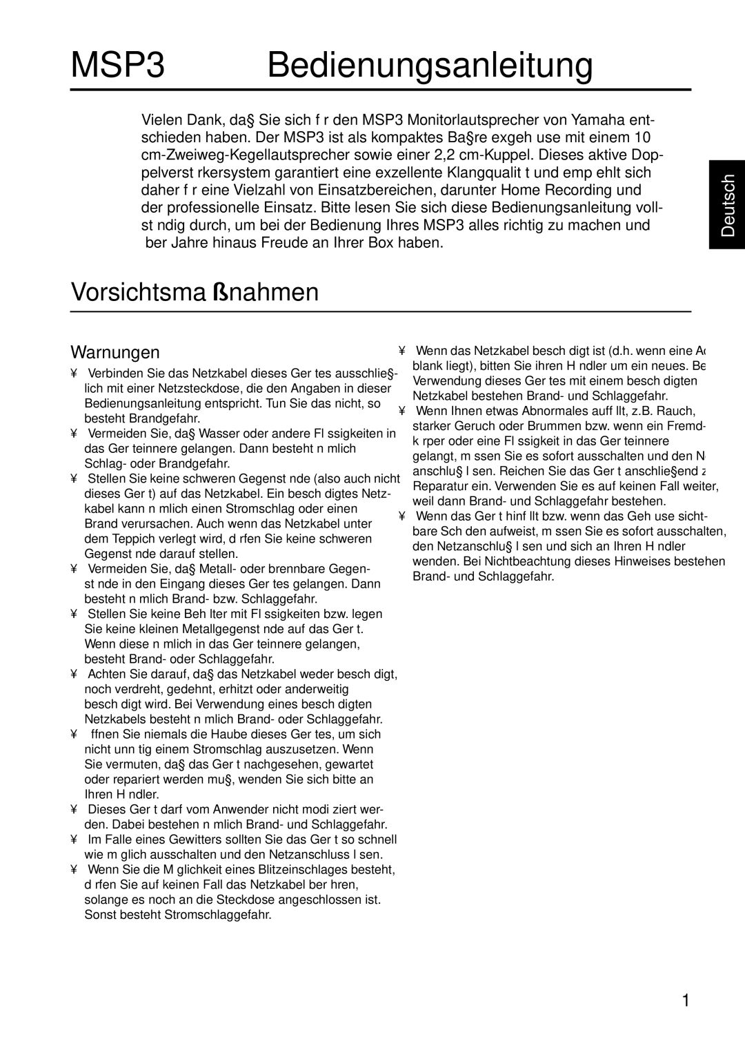 Yamaha MSP3 owner manual Vorsichtsmaßnahmen, Warnungen 