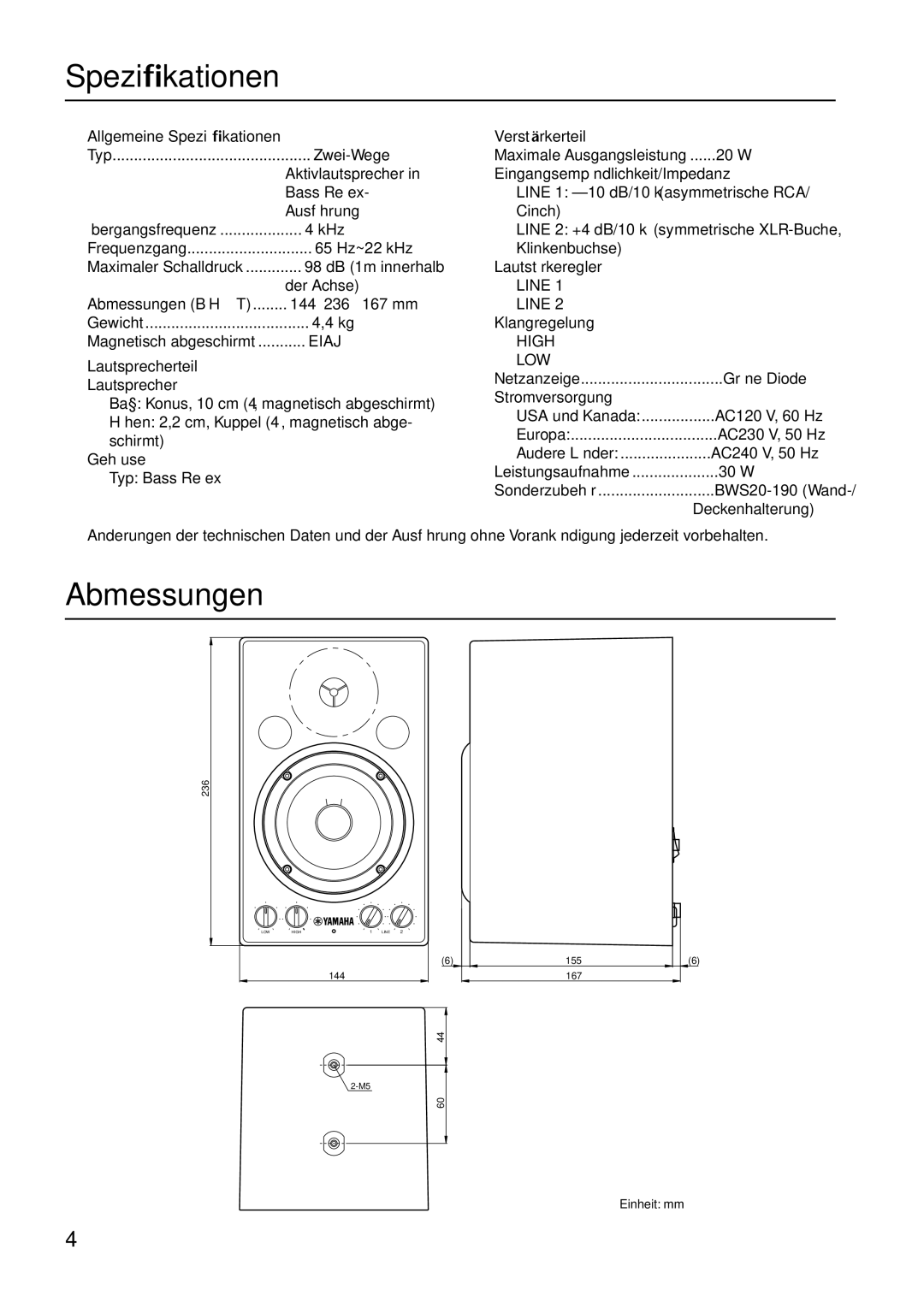 Yamaha MSP3 owner manual Abmessungen, Allgemeine Speziﬁkationen, Lautsprecherteil, Verstärkerteil 